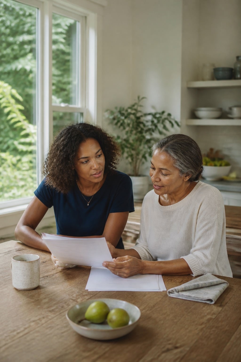 A mother and daughter reviewing paperwork together at home