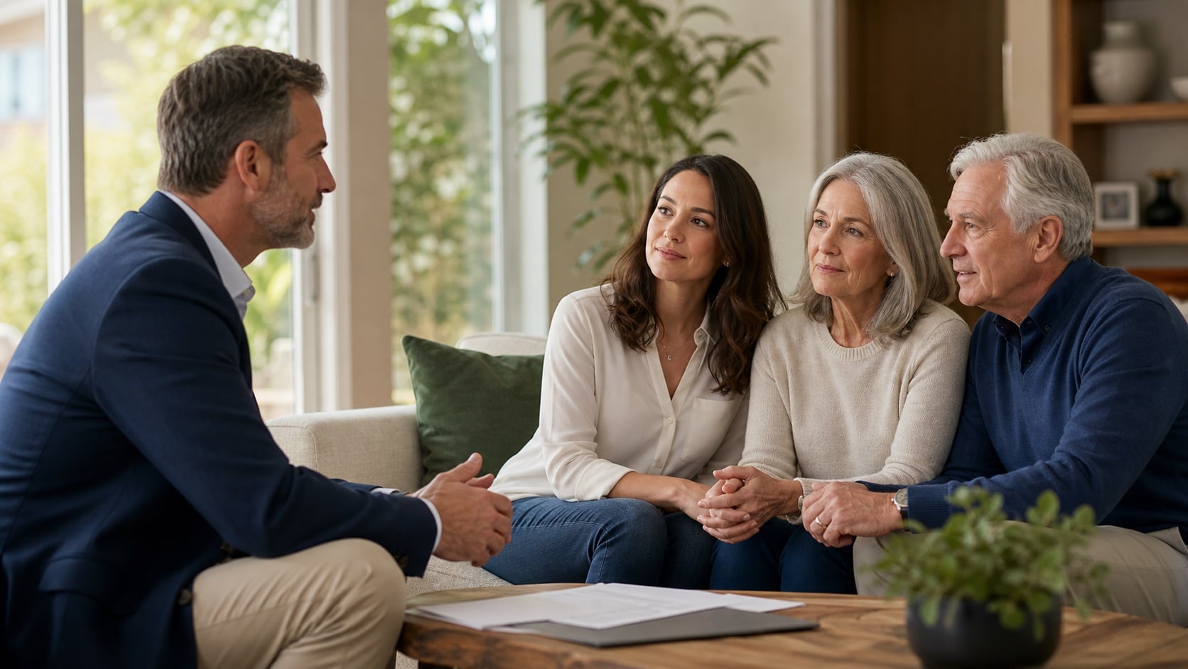 An advisor in conversation with a multigenerational family at home